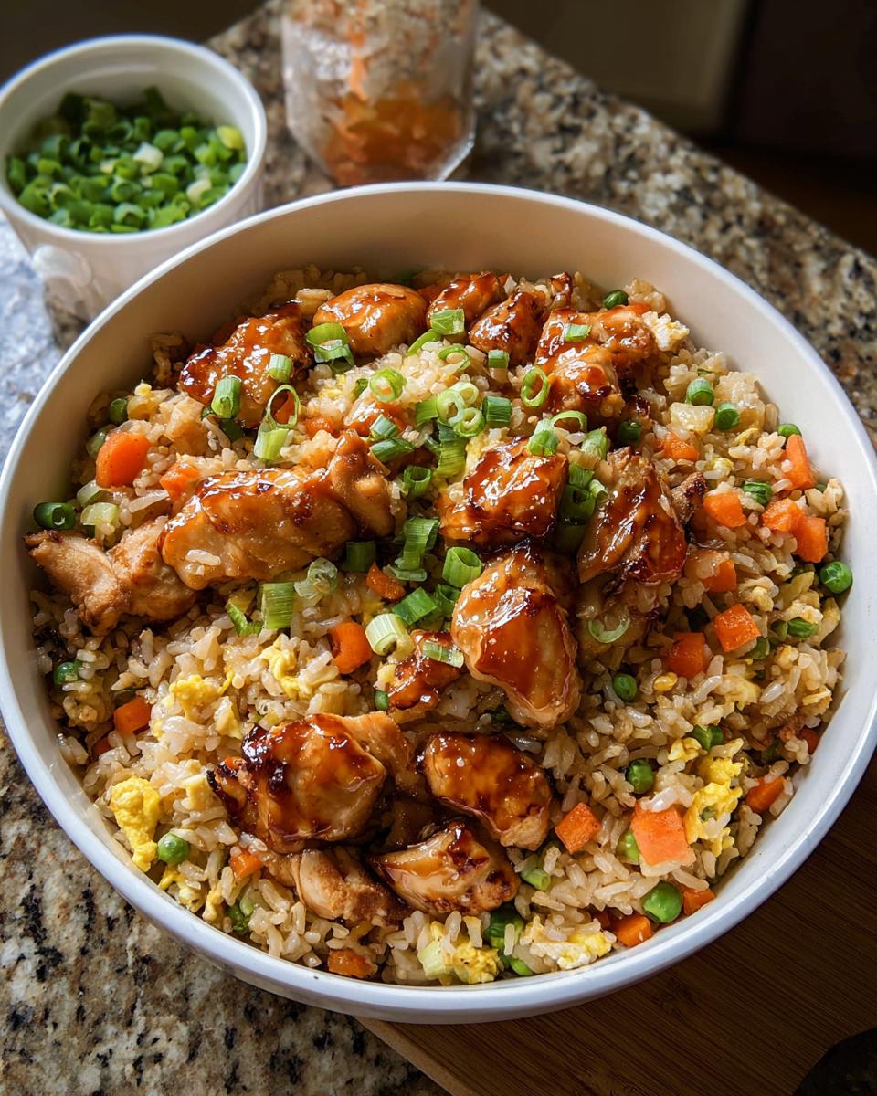 A bowl of Bang Bang Fried Rice topped with glazed chicken pieces and green onions.
