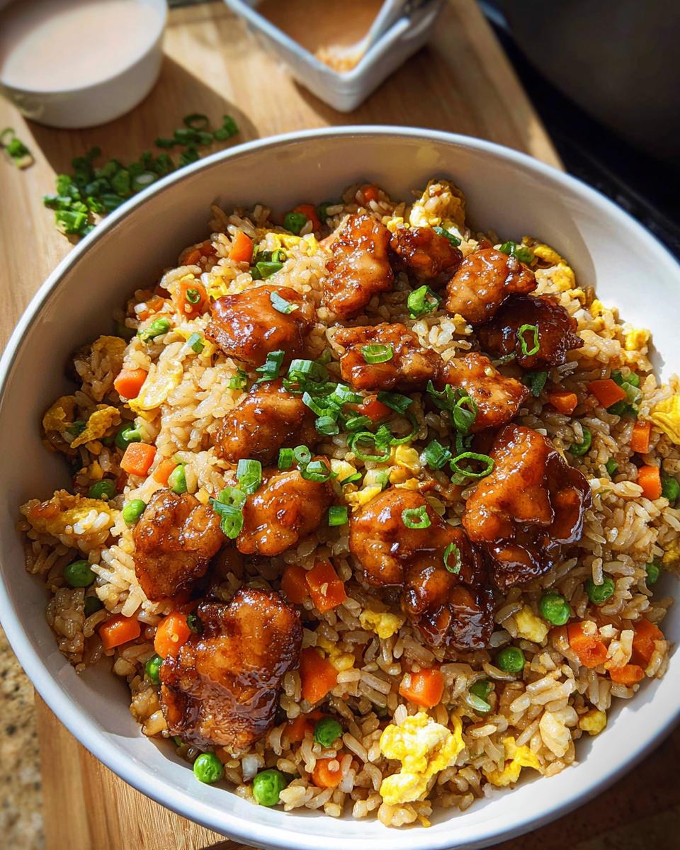 A bowl of Bang Bang Fried Rice topped with glazed chicken pieces and green onions.