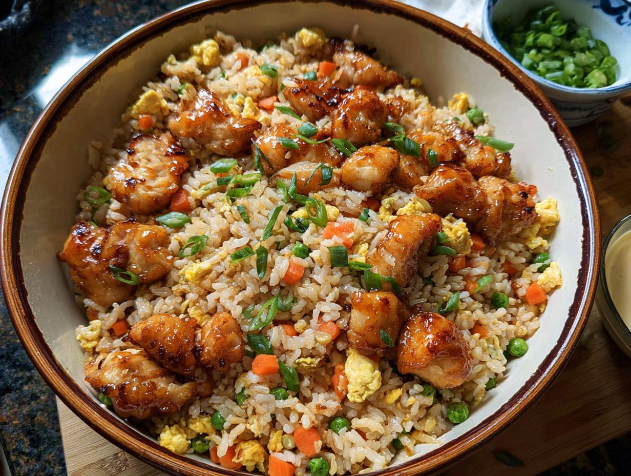 A bowl of Bang Bang Fried Rice topped with glazed chicken pieces, peas, carrots, and scrambled eggs.