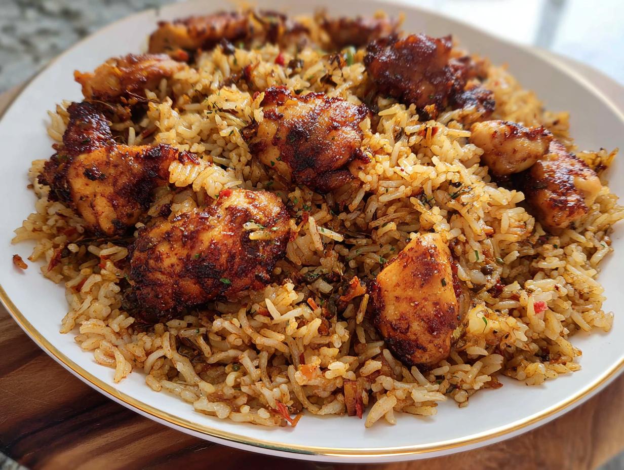 A close-up of a white plate filled with flavorful BBQ Chicken and Rice, featuring tender chicken pieces mixed with seasoned rice.