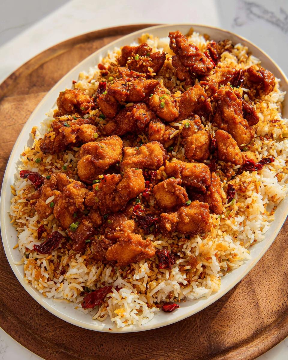 A platter of fluffy white rice topped with crispy, glazed BBQ chicken pieces and dried chilies.