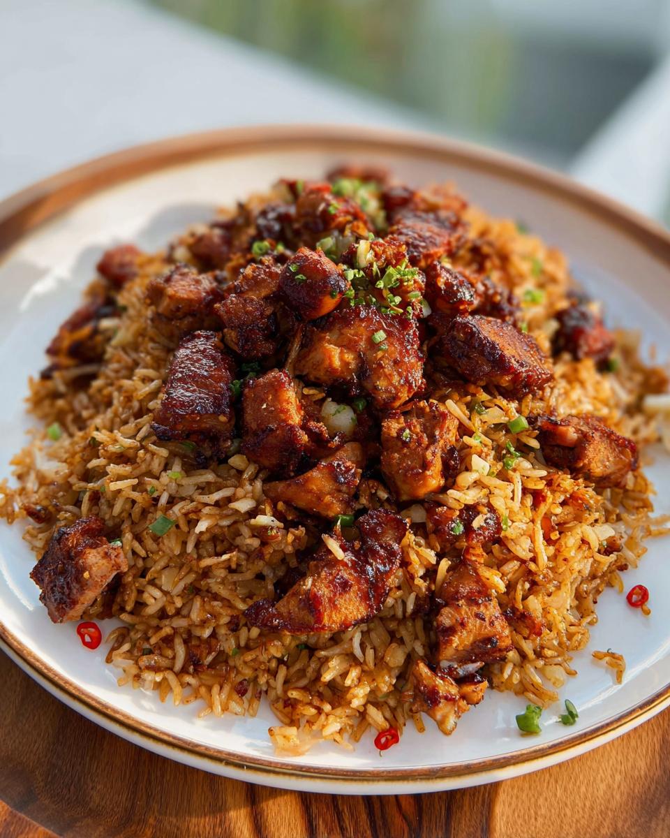 A close-up of a plate piled high with savory BBQ chicken and rice, garnished with green onions and red chili peppers.