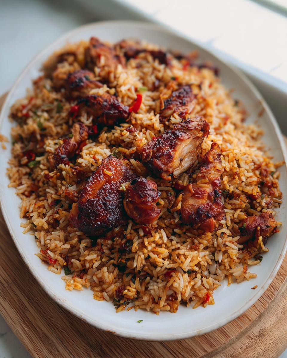 A platter of delicious BBQ chicken and rice, with glazed chicken pieces on top of seasoned rice.