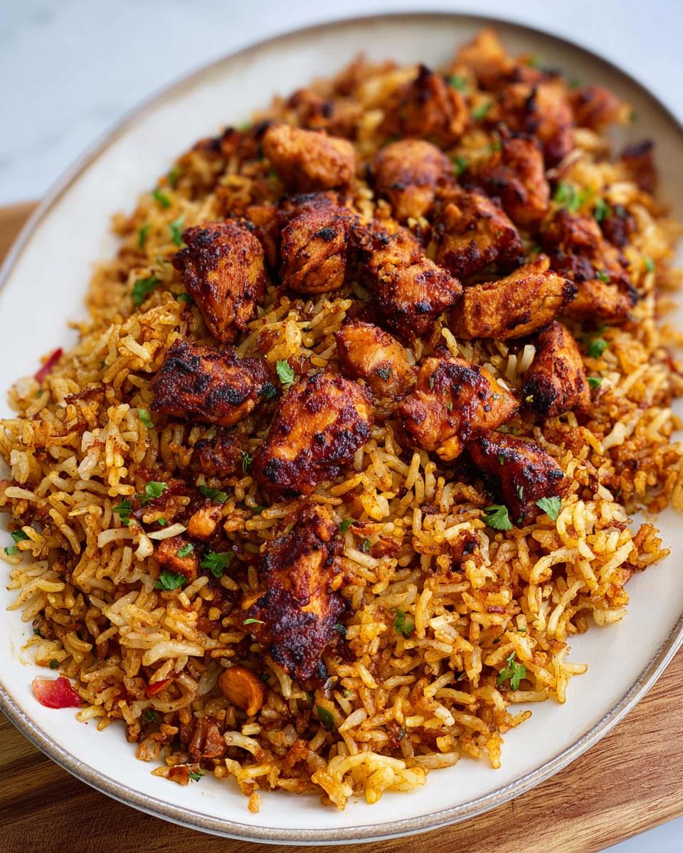 A close-up of a platter of BBQ Chicken and Rice, topped with seasoned chicken pieces and fresh parsley.