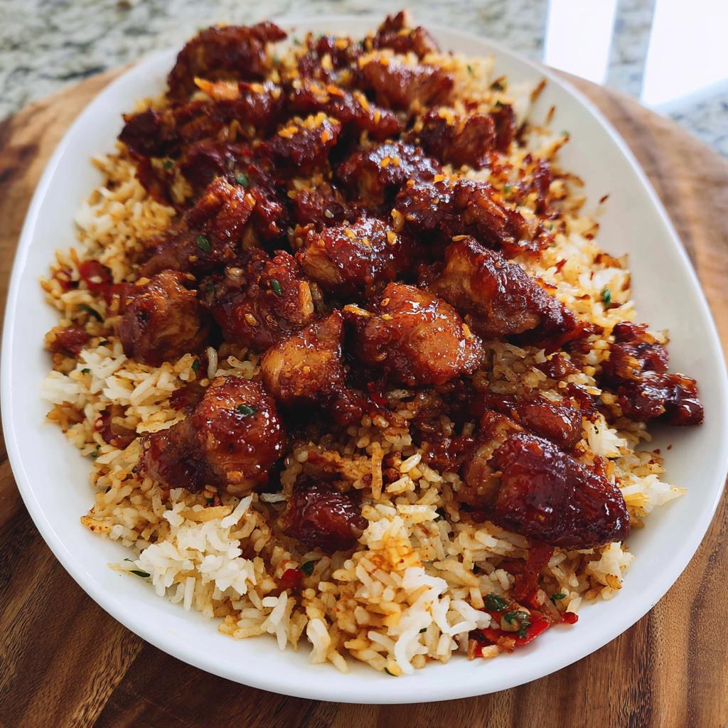 A white platter filled with fluffy rice topped with glazed BBQ chicken pieces, a delicious BBQ Chicken and Rice dish.
