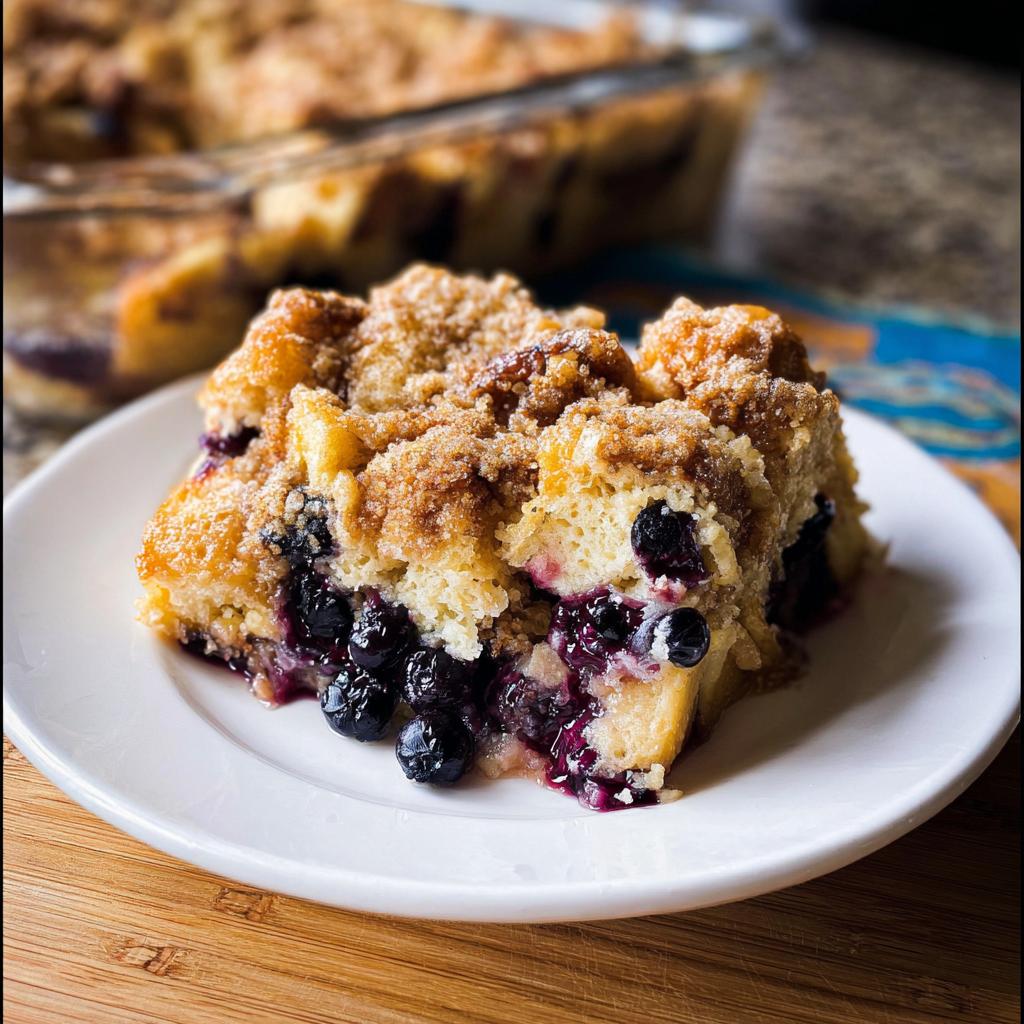 A delicious slice of Best Blueberry French Toast Casserole on a white plate, with a crumb topping and bursting blueberries.