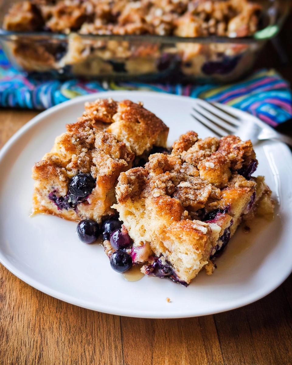 Two slices of Best Blueberry French Toast Casserole on a white plate, topped with crumble and fresh blueberries.