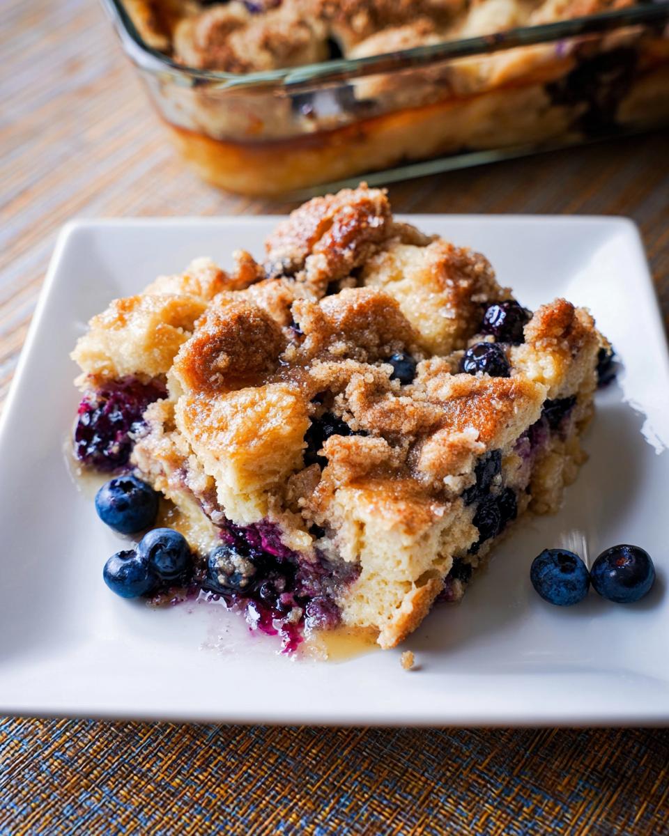 A delicious slice of Best Blueberry French Toast Casserole on a white plate, with fresh blueberries.