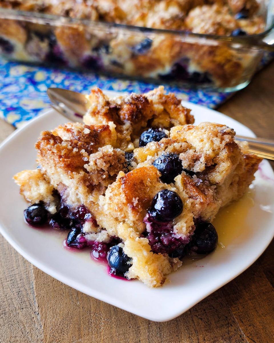 A delicious slice of Best Blueberry French Toast Casserole, topped with fresh blueberries and syrup.