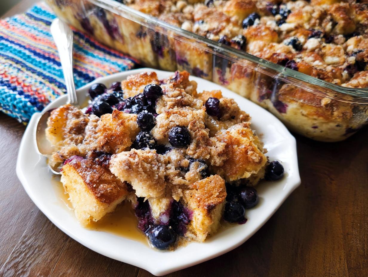 A delicious slice of Best Blueberry French Toast Casserole, topped with streusel and fresh blueberries, served with syrup.