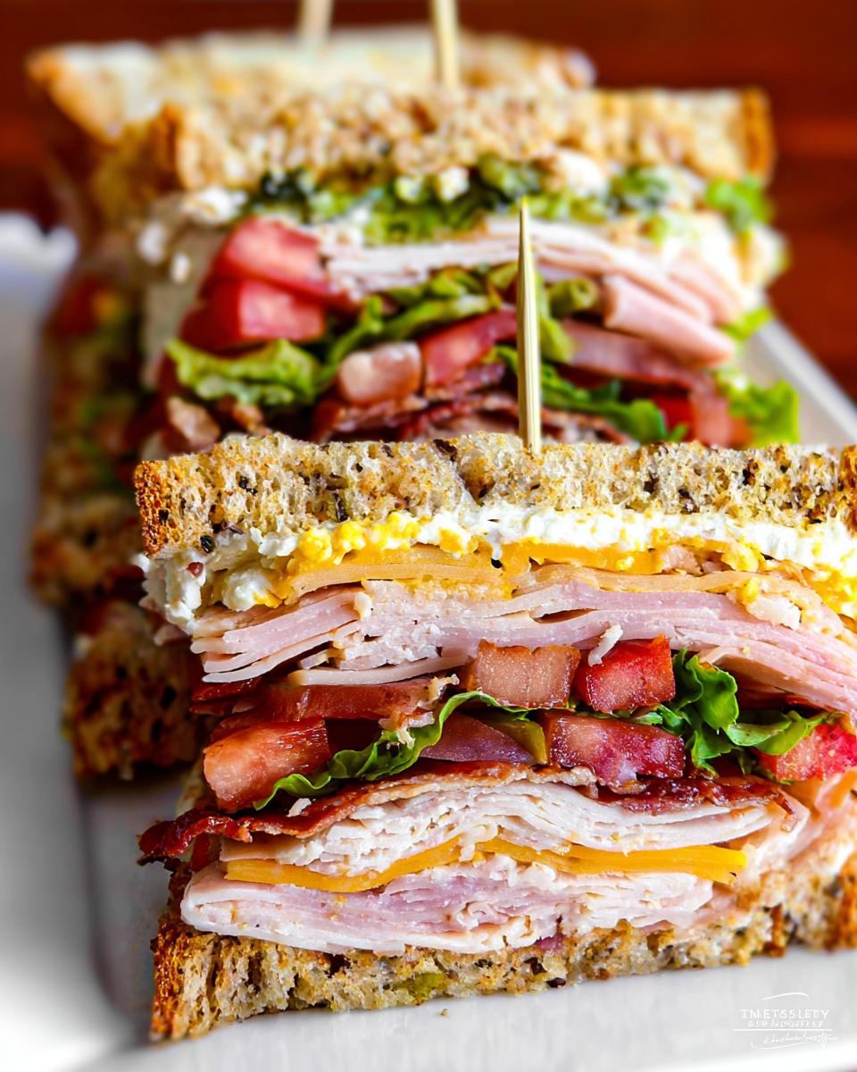 A close-up of a multi-layered Breakfast Club Sandwich with turkey, bacon, lettuce, tomato, and cheese on toasted bread.