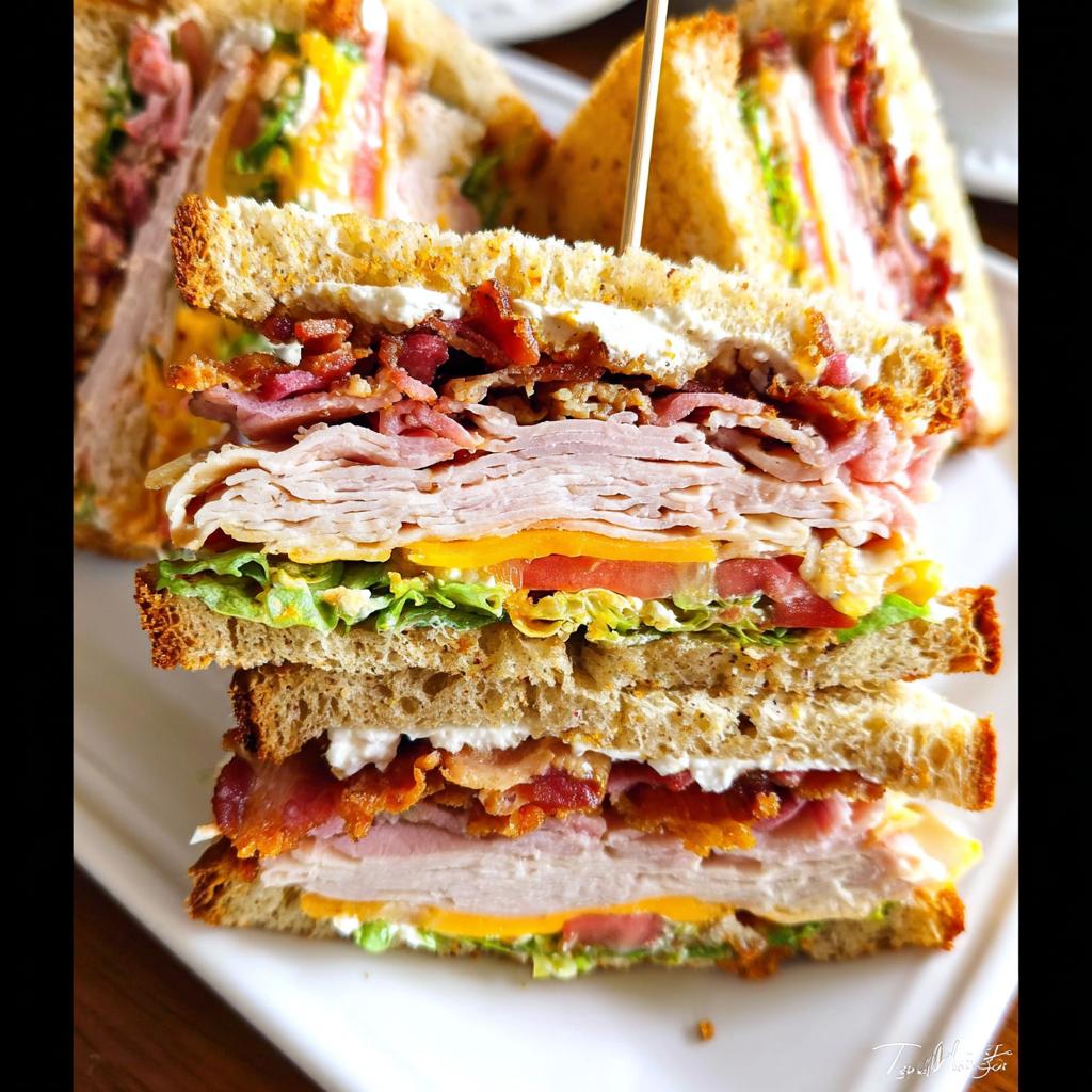 A tall, multi-layered Breakfast Club Sandwich with turkey, bacon, lettuce, tomato, and cheese on toasted bread.