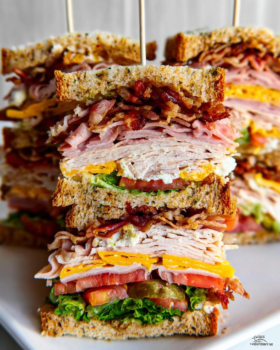A tall, multi-layered Breakfast Club Sandwich with turkey, ham, bacon, cheese, lettuce, and tomato.
