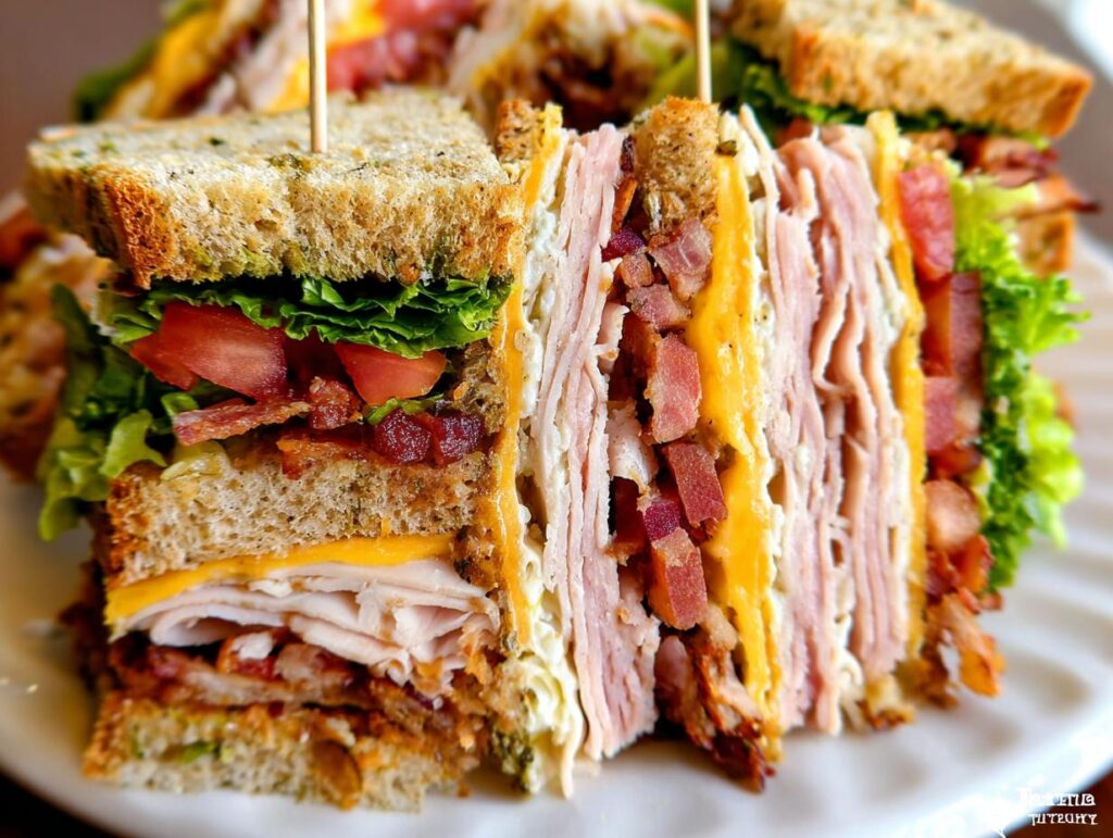 A close-up of a stacked Breakfast Club Sandwich with layers of turkey, bacon, cheese, lettuce, and tomato.