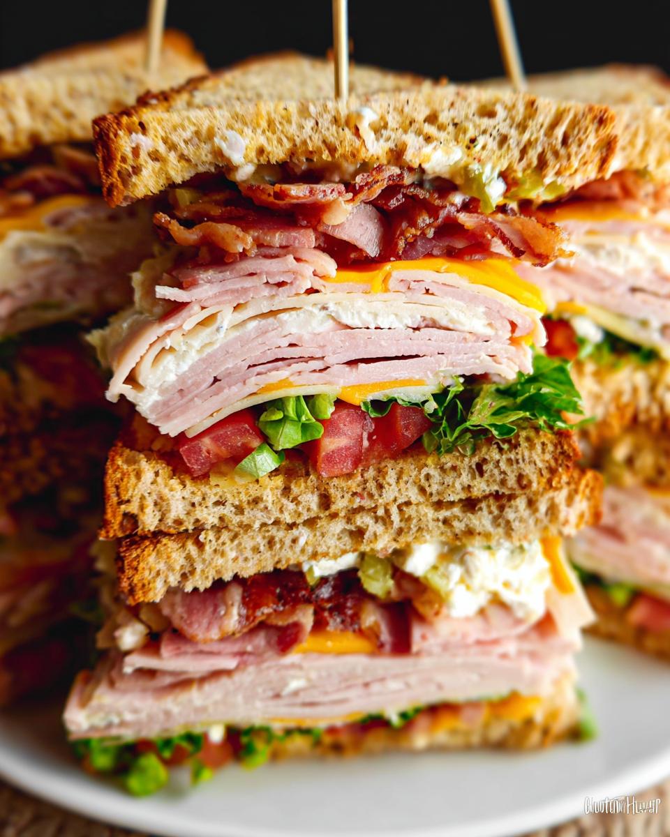 A tall, stacked Breakfast Club Sandwich with multiple layers of turkey, ham, bacon, cheese, lettuce, and tomato on toasted bread.