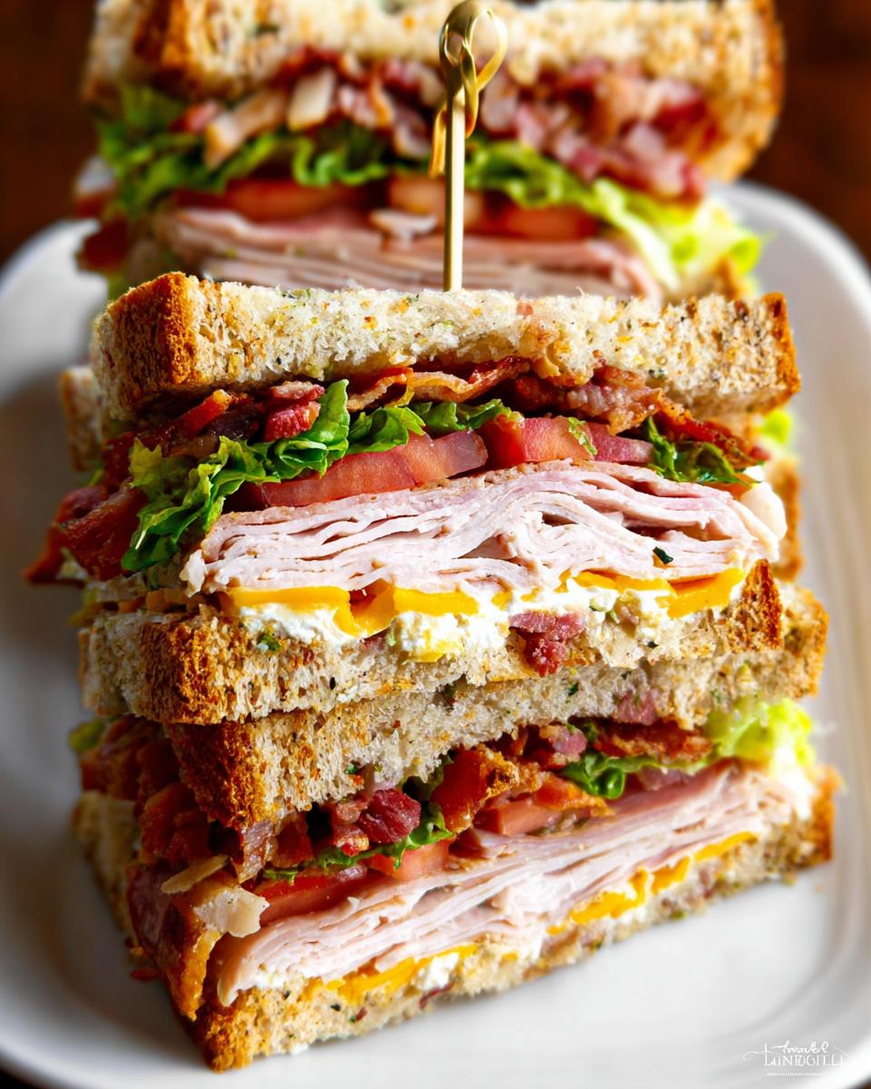 A tall, stacked Breakfast Club Sandwich with layers of turkey, bacon, lettuce, tomato, and cheese on toasted bread.