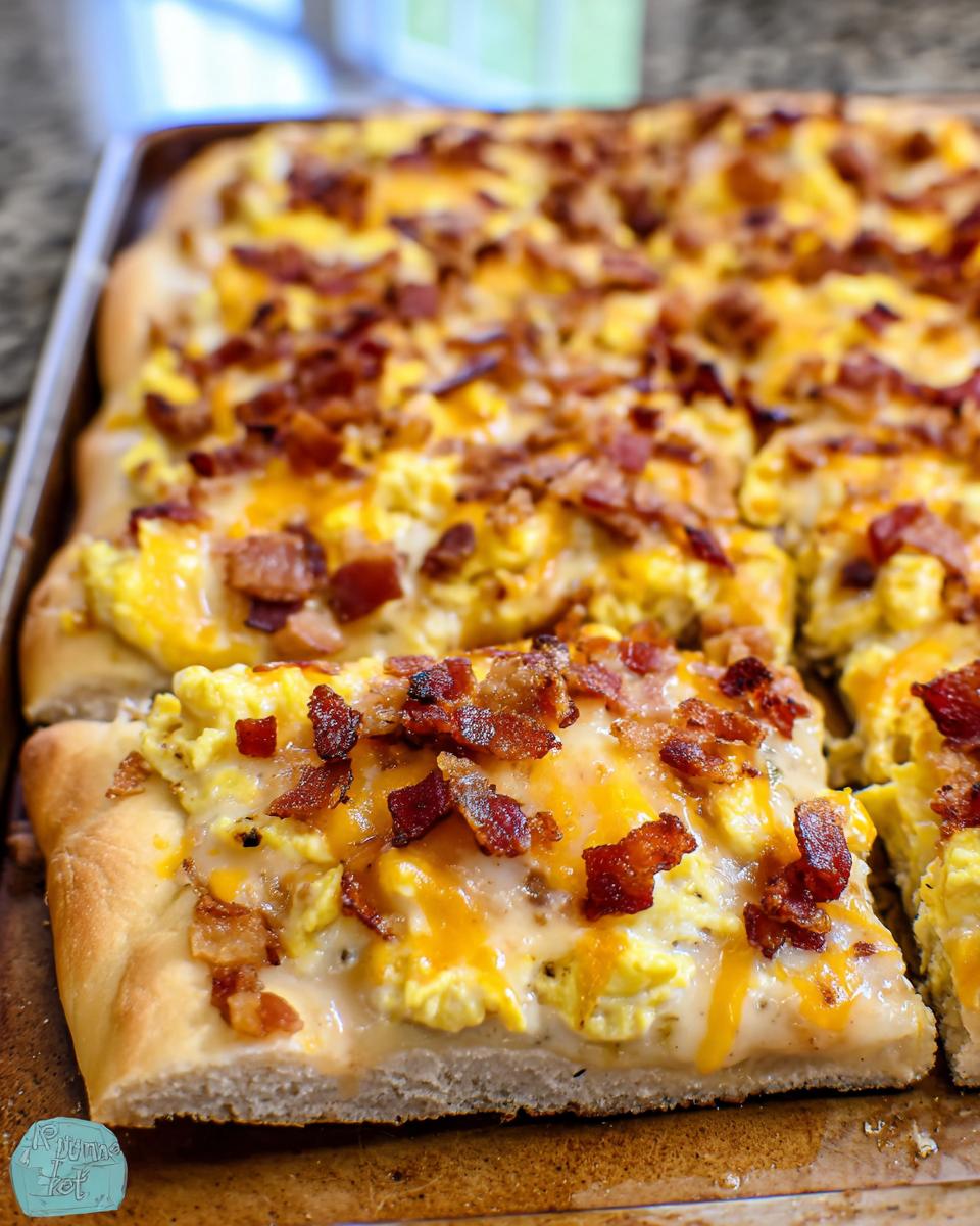 A slice of breakfast pizza egg recipe topped with scrambled eggs, melted cheese, and crispy bacon.
