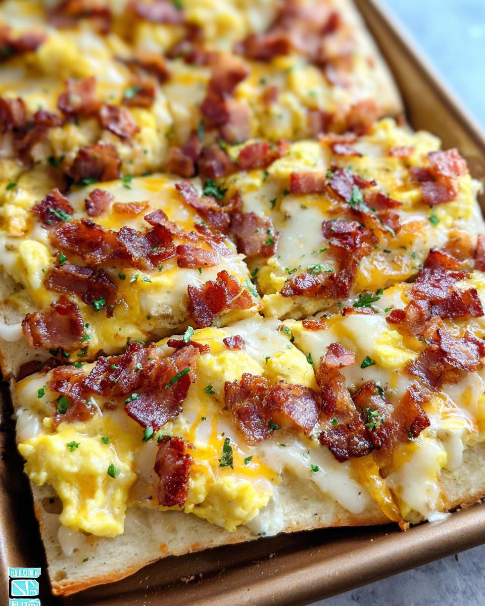 Close-up of a breakfast pizza egg recipe topped with scrambled eggs, melted cheese, and crispy bacon bits.
