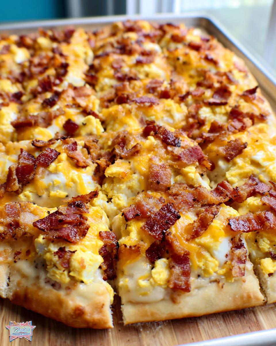 Close-up of a freshly baked Breakfast Pizza egg recipe topped with scrambled eggs, melted cheese, and crispy bacon.
