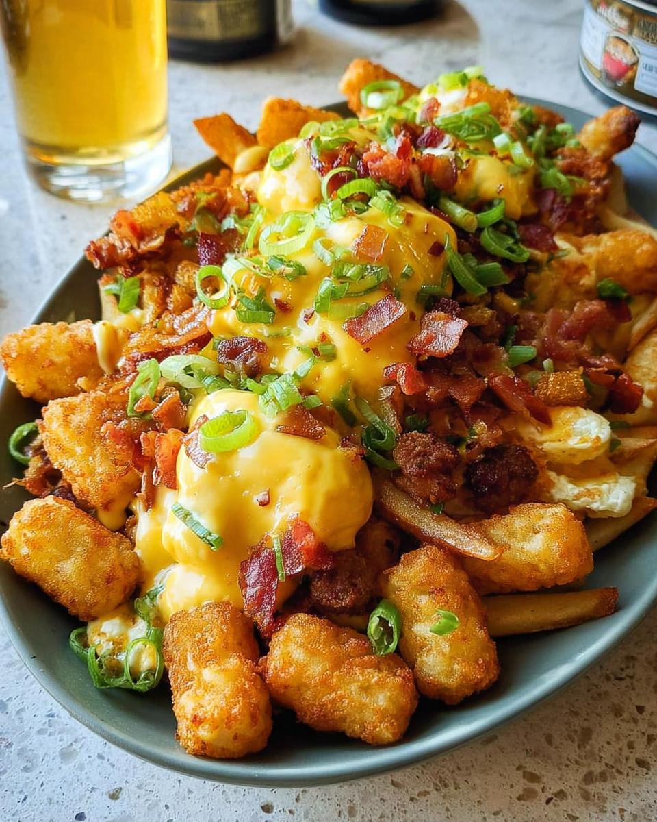 A hearty plate of Breakfast Poutine with Hollandaise Sauce, featuring tater tots, french fries, crispy bacon, and green onions.