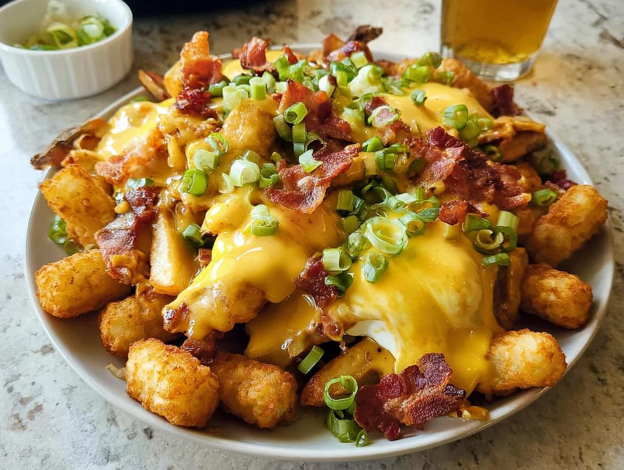 A hearty plate of Breakfast Poutine with Hollandaise Sauce, crispy tater tots, bacon, and green onions.