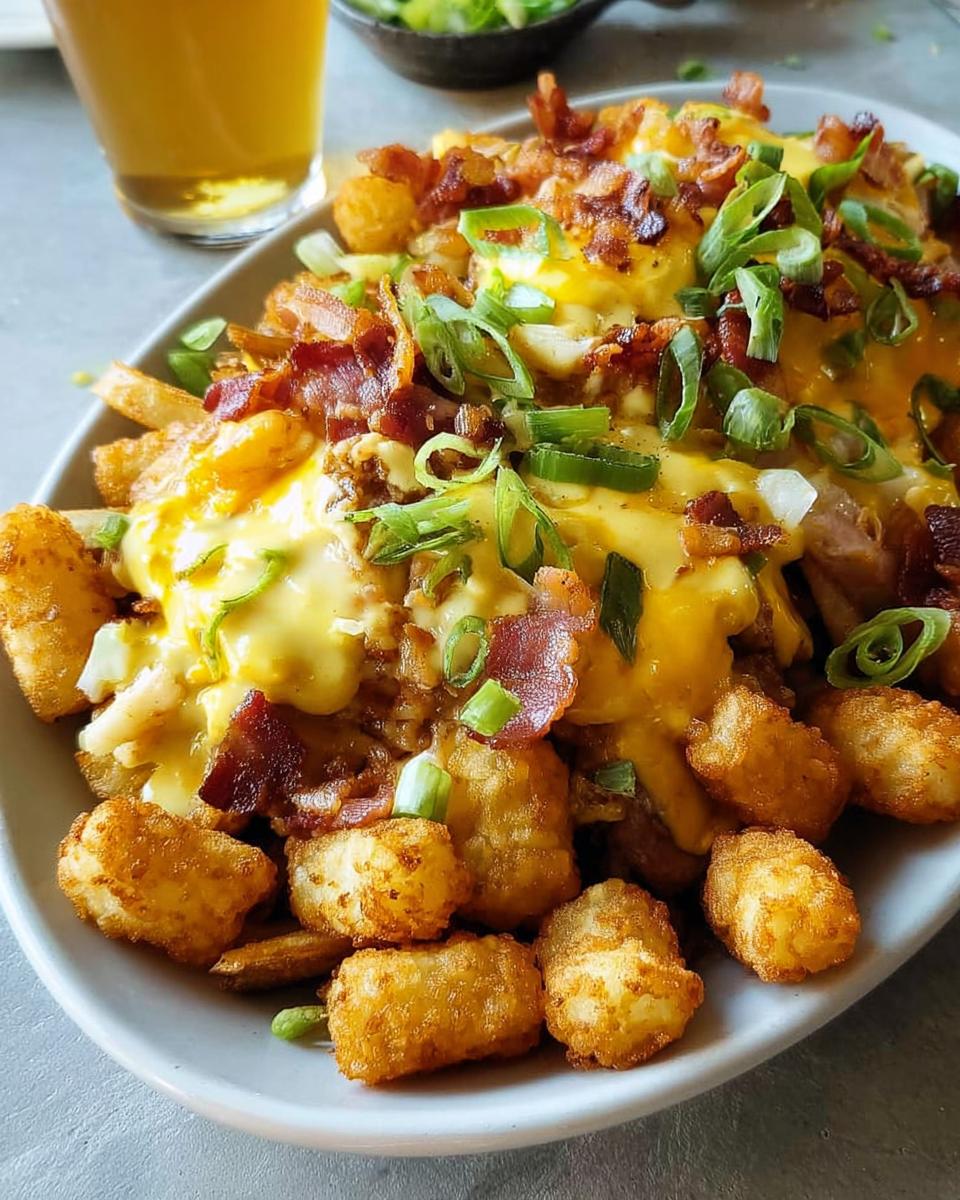A hearty plate of Breakfast Poutine with Hollandaise Sauce, featuring crispy tater tots, french fries, bacon, and green onions.