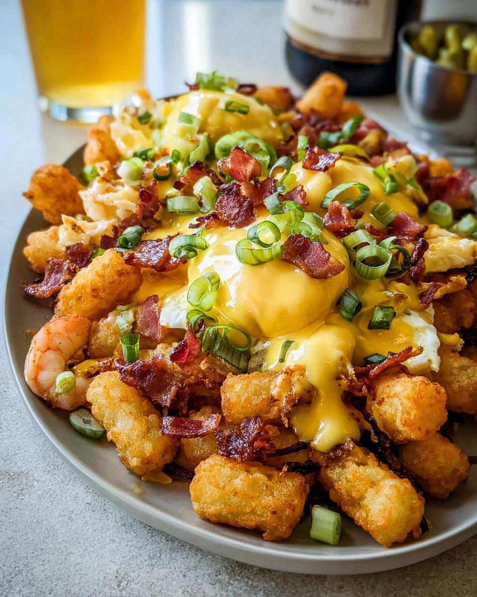 A plate of Breakfast Poutine with Hollandaise Sauce, featuring crispy tater tots, bacon, eggs, shrimp, and green onions.