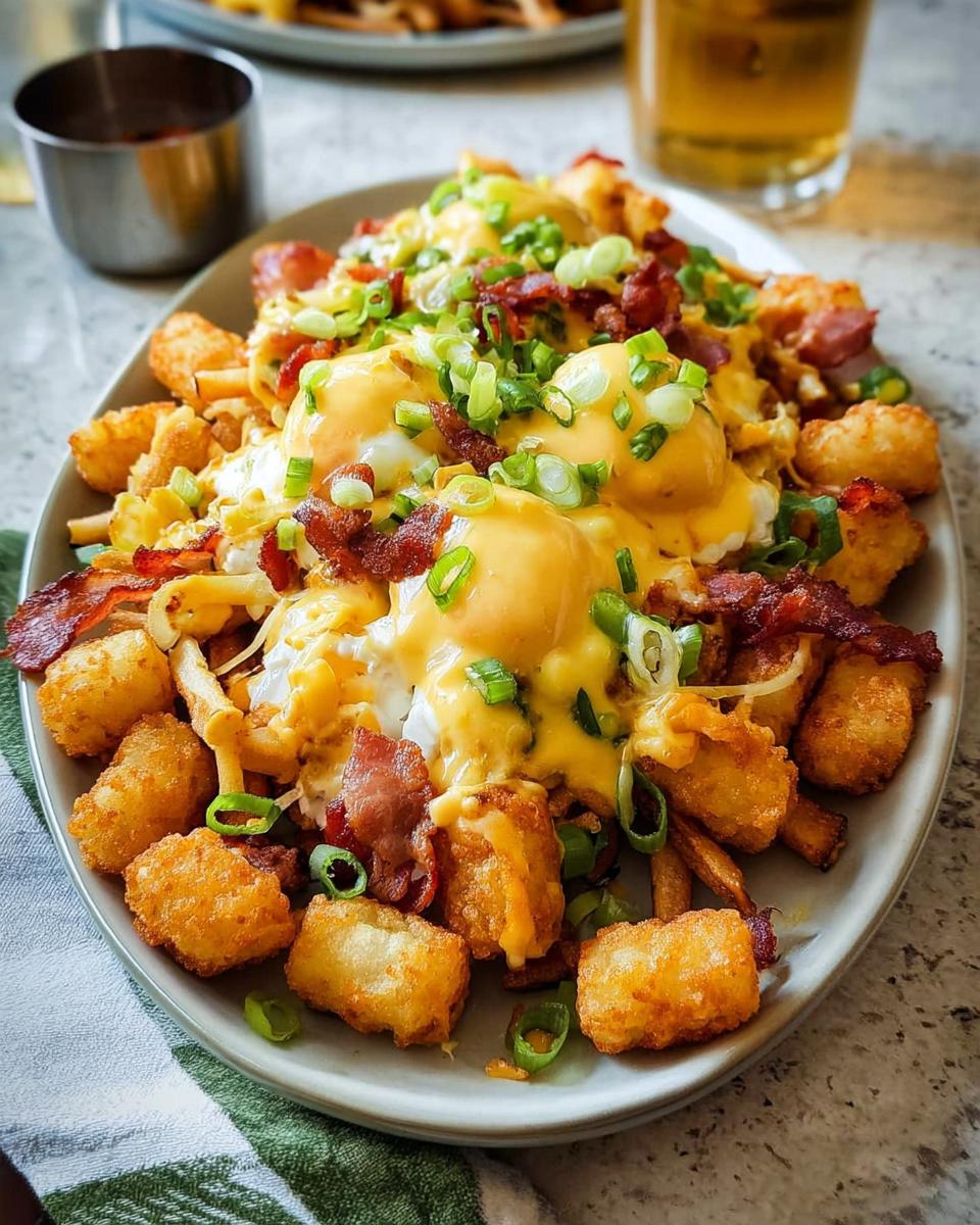 A hearty plate of Breakfast Poutine with Hollandaise Sauce, topped with scrambled eggs, bacon, and green onions.