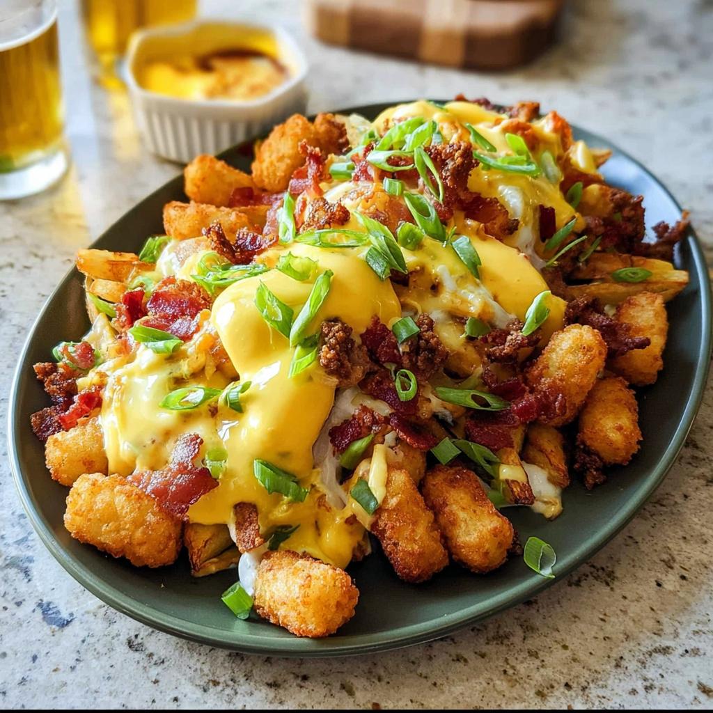 A delicious plate of Breakfast Poutine with Hollandaise Sauce, loaded with tater tots, bacon, and green onions.