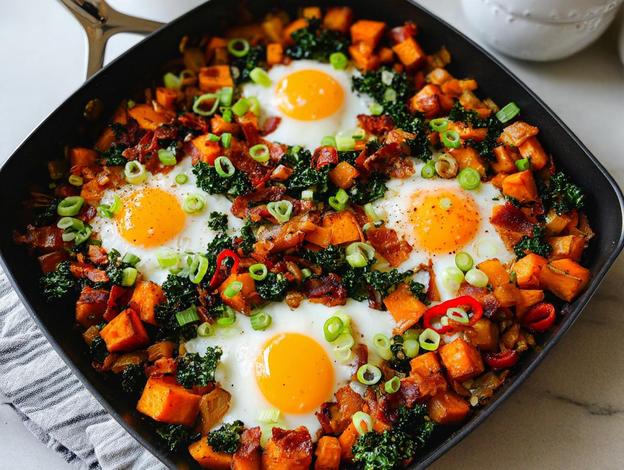 A delicious one-pan BREAKFAST SWEET POTATO hash with fried eggs, bacon, kale, and green onions.