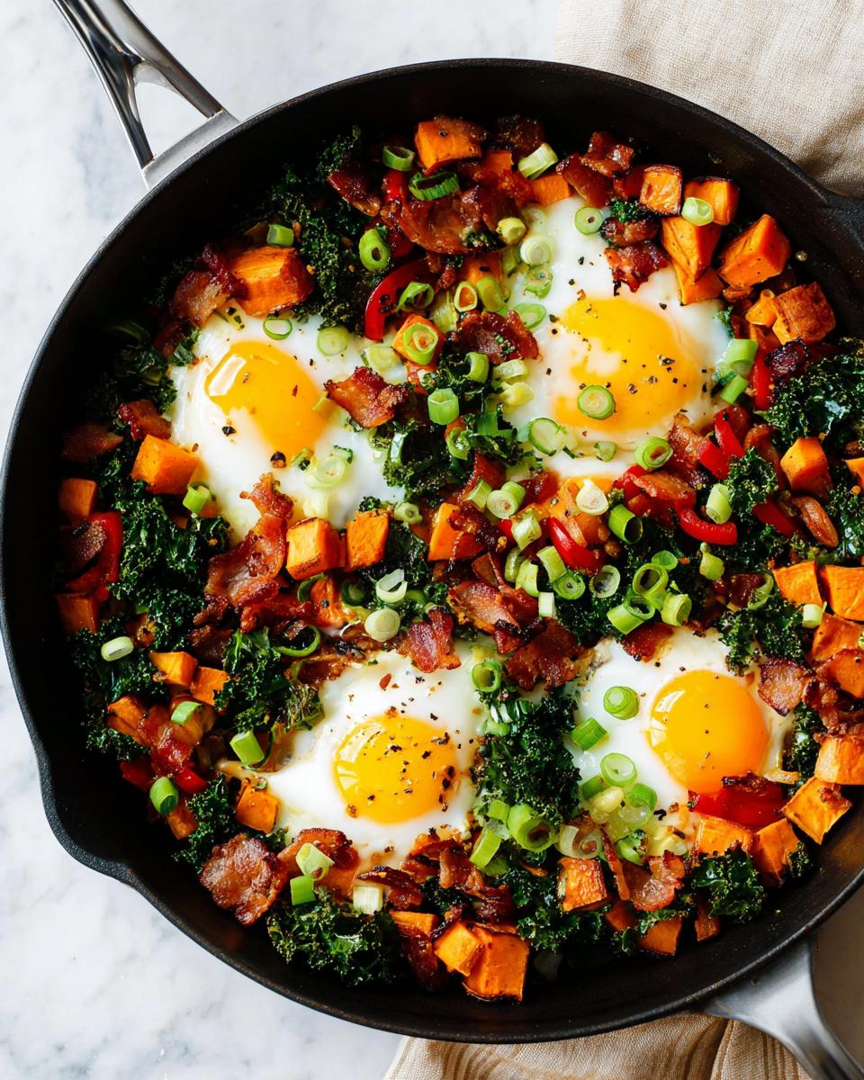 A cast-iron skillet filled with a hearty BREAKFAST SWEET POTATO hash, featuring eggs baked into the hash, crispy bacon, kale, and green onions.