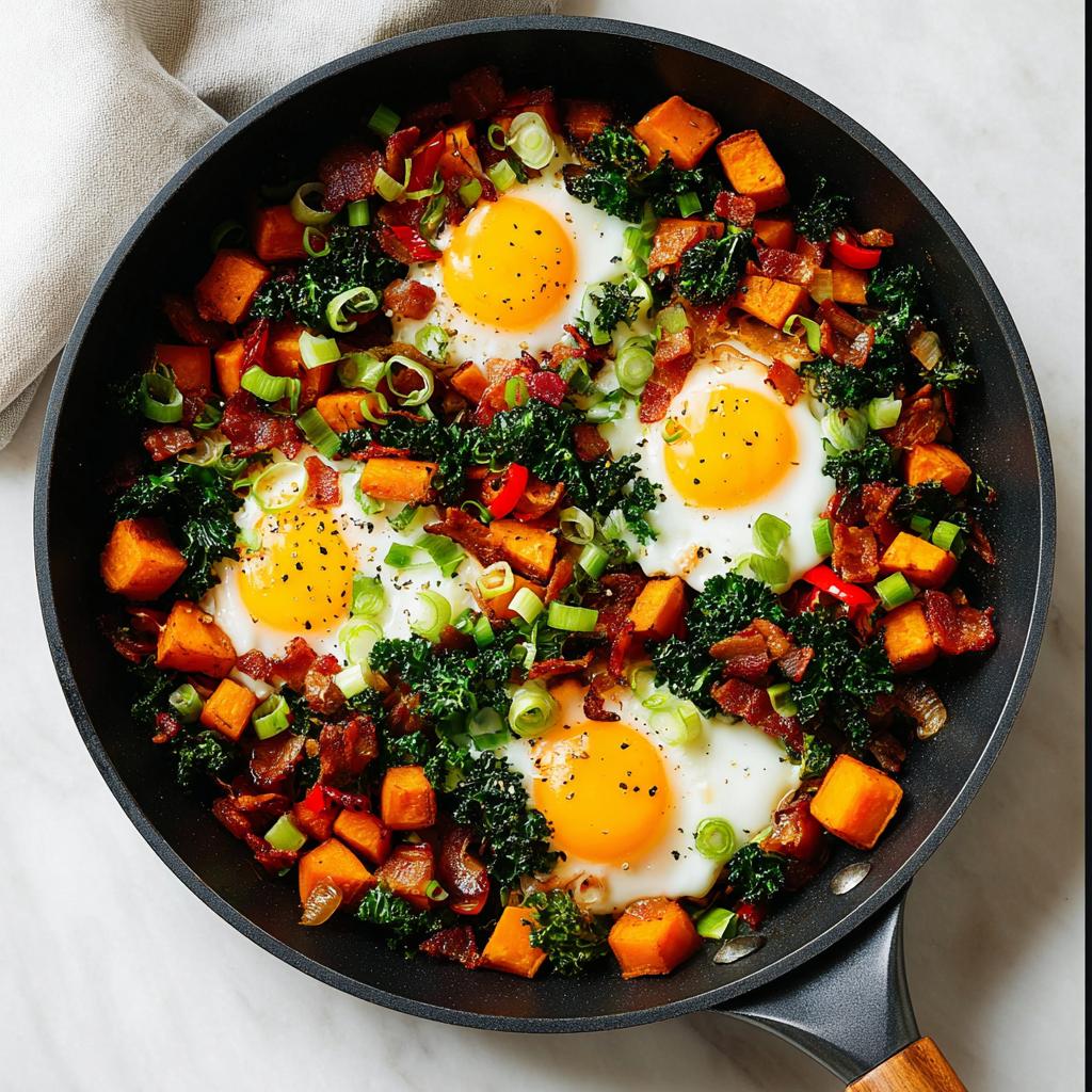 A delicious one-pan BREAKFAST SWEET POTATO dish with fried eggs, crispy bacon, kale, and green onions.