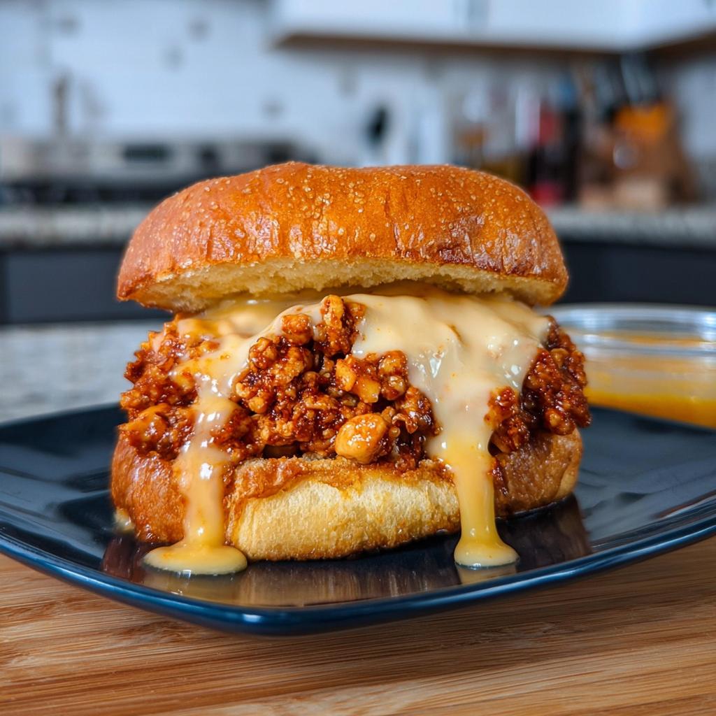 A delicious Cajun Chicken Sloppy Joe sandwich overflowing with filling and creamy cheese sauce on a brioche bun.
