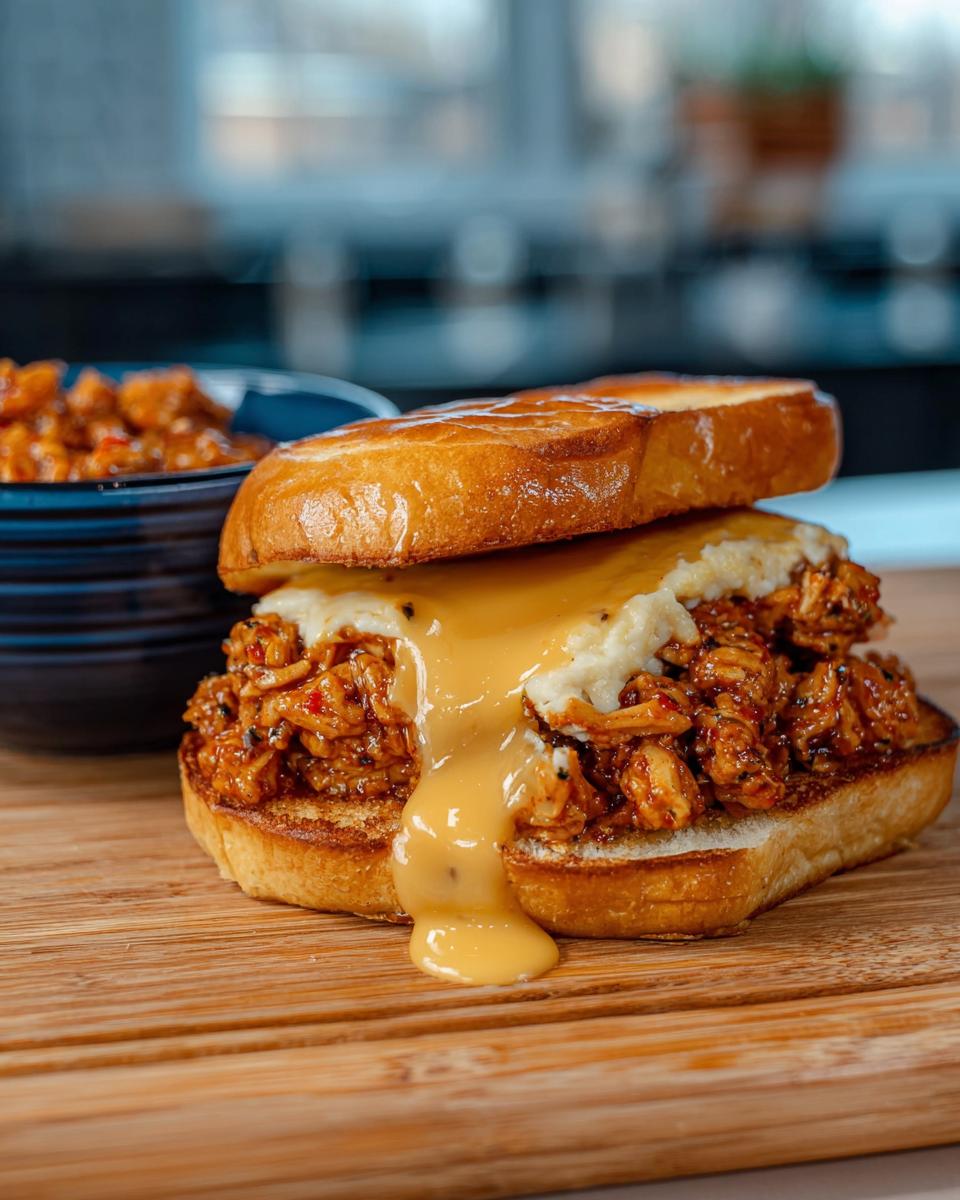 A delicious Cajun Chicken Sloppy Joe sandwich piled high with shredded chicken and dripping with creamy cheese sauce.