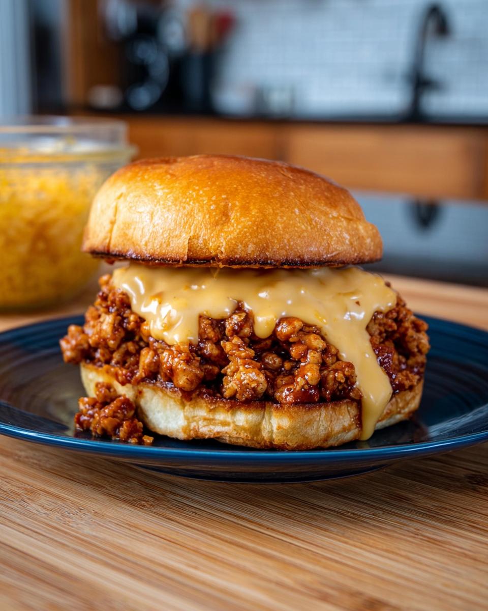 A delicious Cajun Chicken Sloppy Joe sandwich topped with creamy cheese sauce on a blue plate.
