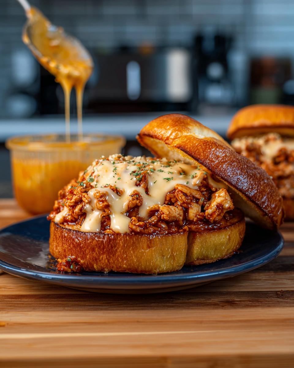 Close-up of a Cajun Chicken Sloppy Joe on a toasted bun, topped with melted cheese sauce and herbs.