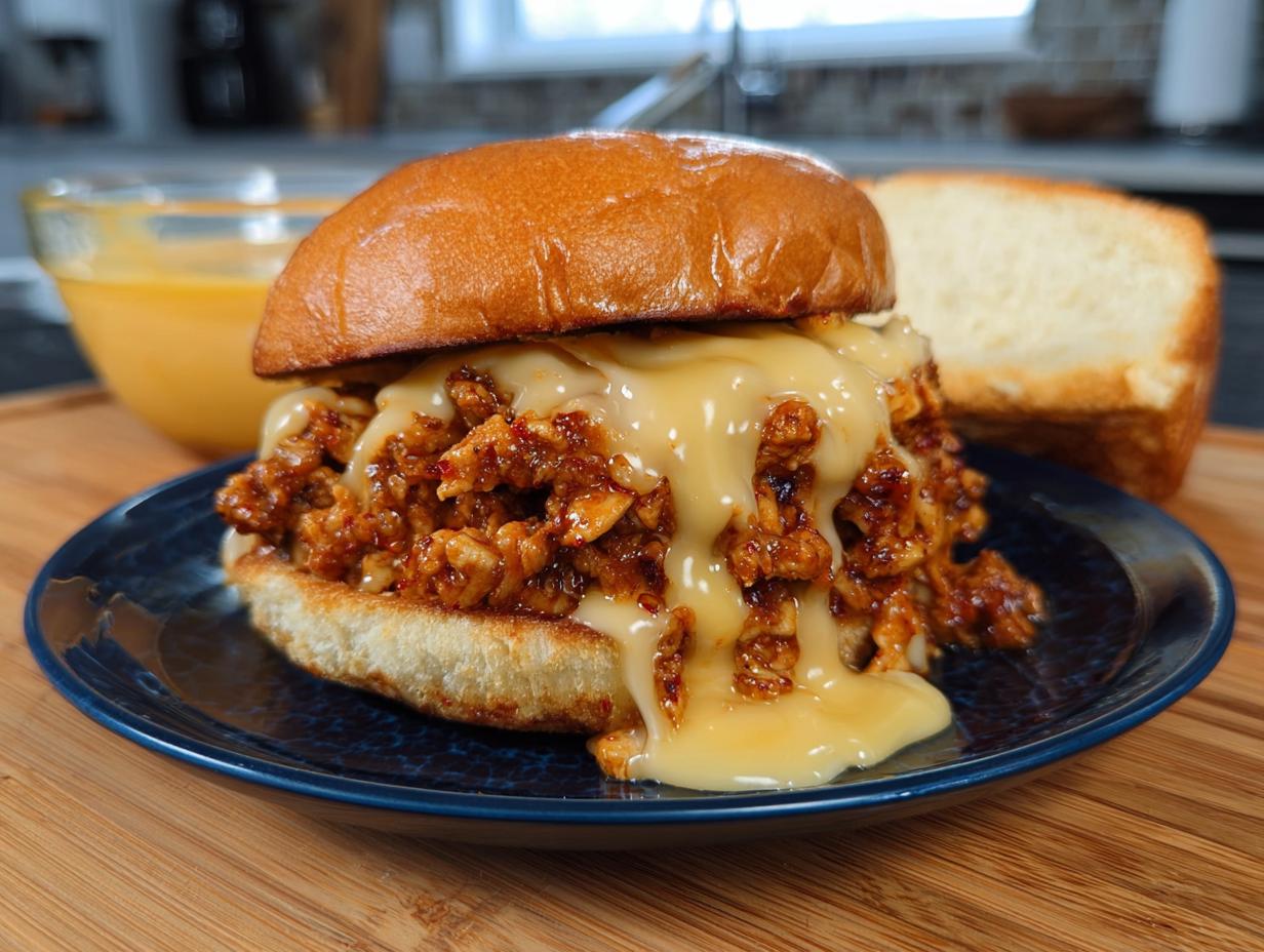 A delicious Cajun Chicken Sloppy Joe sandwich overflowing with filling and smothered in creamy cheese sauce.