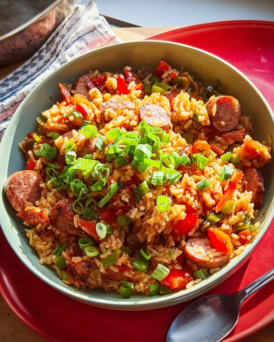 A bowl of Cajun Sausage and Rice Skillet, topped with fresh green onions.