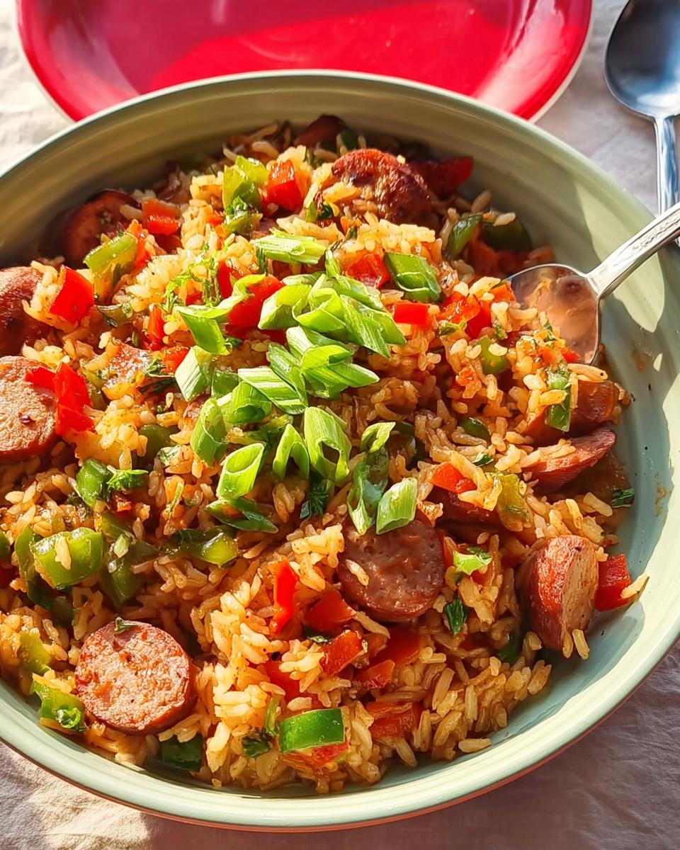 A bowl of Cajun Sausage and Rice Skillet, filled with rice, sausage slices, bell peppers, and green onions.