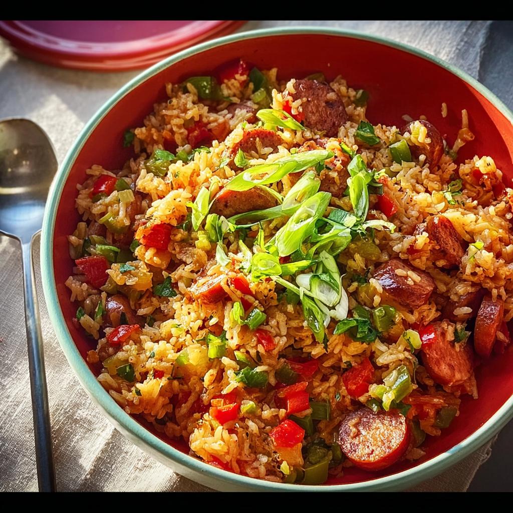 A vibrant bowl of Cajun Sausage and Rice Skillet, featuring rice, sliced sausage, bell peppers, and green onions.