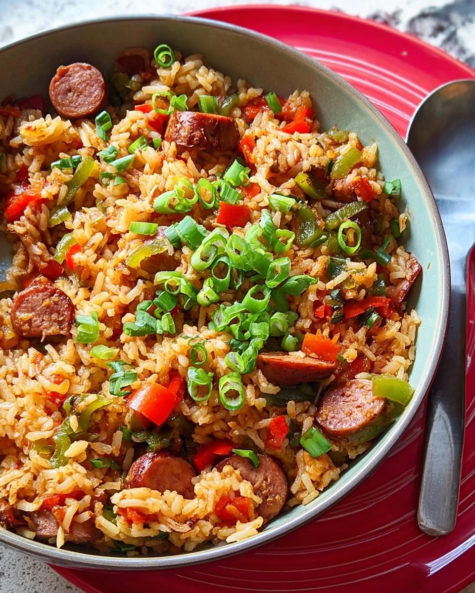 A bowl of Cajun Sausage and Rice Skillet topped with chopped green onions, showcasing sausage slices, peppers, and rice.