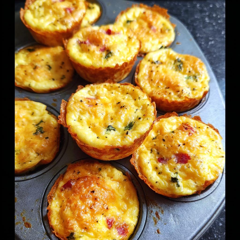 Golden brown cheesy muffin tin cottage cheese egg bites baked in a muffin tin, sprinkled with herbs and pepper.
