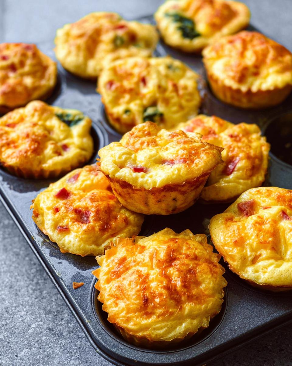 Golden brown Cheesy Muffin Tin Cottage Cheese Egg Bites baked in a muffin tin, with visible red and green bits.