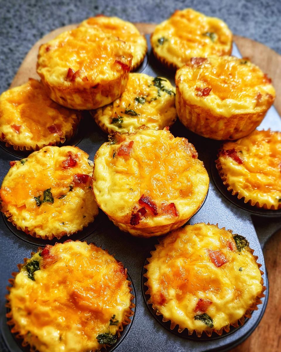 A close-up of cheesy muffin tin cottage cheese egg bites, golden brown and topped with melted cheese.