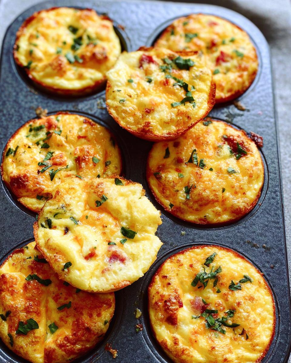 Golden brown cheesy muffin tin cottage cheese egg bites sprinkled with fresh parsley in a muffin tin.