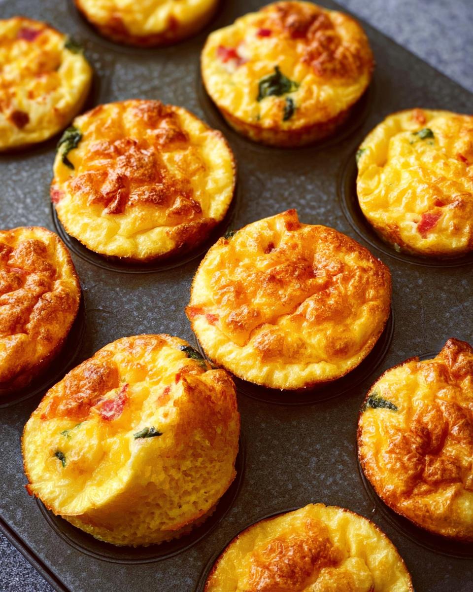Close-up of golden brown Cheesy Muffin Tin Cottage Cheese Egg Bites in a muffin tin, with visible bits of bacon and spinach.