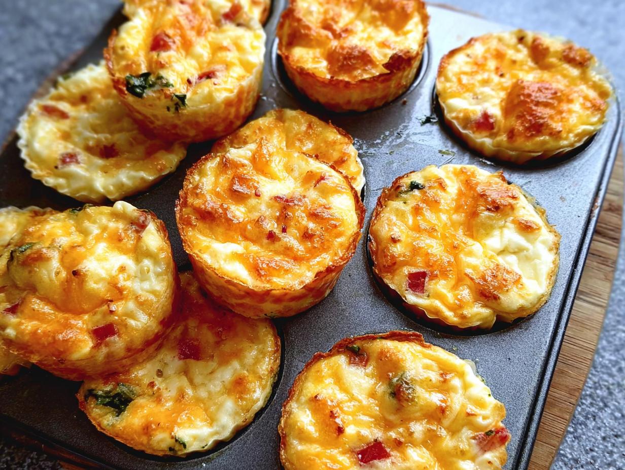 Close-up of golden brown Cheesy Muffin Tin Cottage Cheese Egg Bites in a muffin tin, showing melted cheese and red pepper pieces.