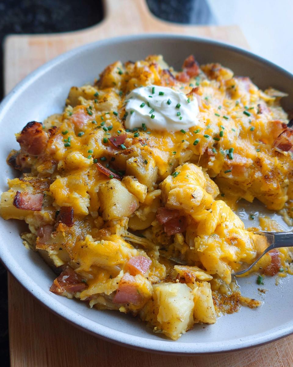 A hearty Cheesy Potato Egg Scramble topped with melted cheddar cheese, bacon bits, and a dollop of sour cream.