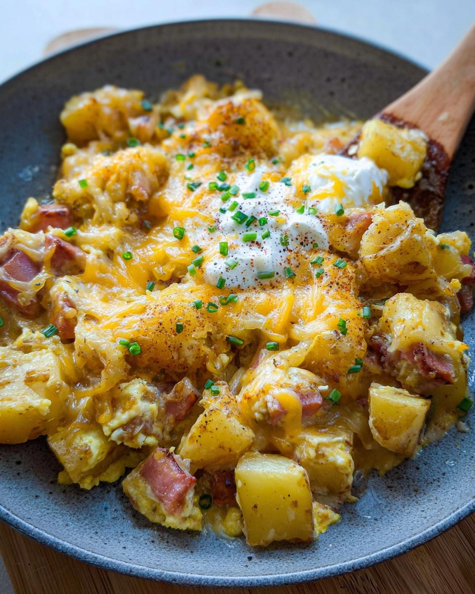 A hearty bowl of Cheesy Potato Egg Scramble with chunks of potato, scrambled eggs, ham, and melted cheddar cheese, topped with sour cream and chives.