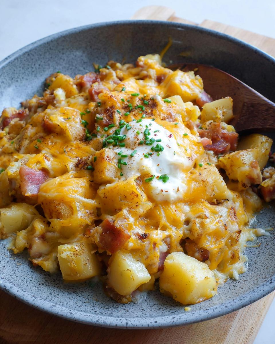 A hearty bowl of Cheesy Potato Egg Scramble with chunks of potato, bacon, melted cheddar cheese, and a dollop of sour cream.